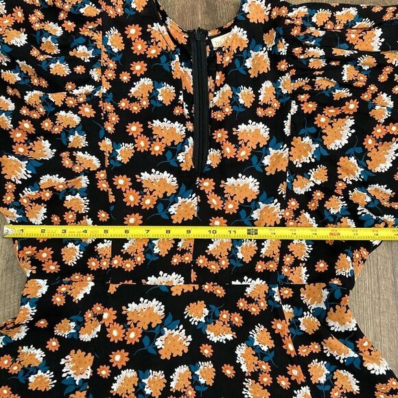 byTiMo Poppyfield Black Orange Floral Mini‎ Dress Puff Long Sleeve V-neck sz M - Picture 7 of 8